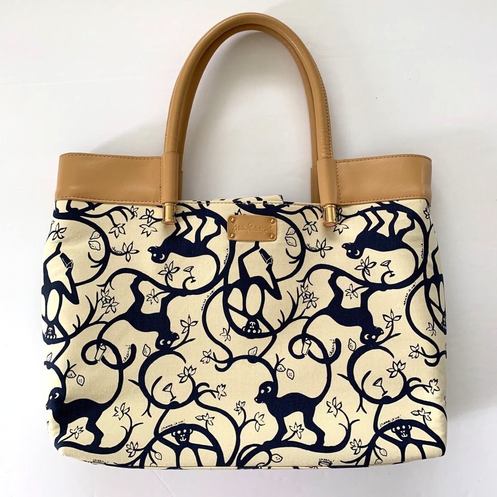 NWOT HTF Lilly Pulitzer Shake it Up Monkey Cocktails Canvas Tote Bag Navy Beige